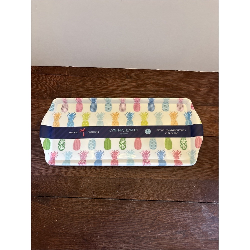Cynthia Rowley Melamine Platters Set 2 TROPICAL PINEAPPLES Sandwich Trays New